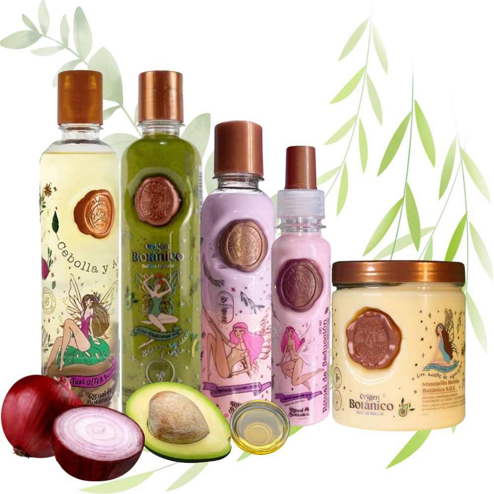 Ritual Botanico Shampoo Cebolla, Tratamiento Intensivo Plex Mascarilla Bomba capilar ritual Botanico, mantequilla y termoprotector de ritual botanico (5 Pack)