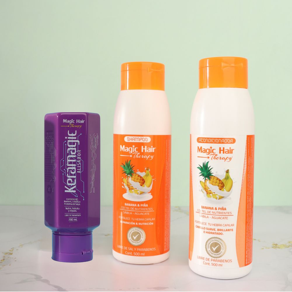 Magic Hair shampoo and conditioner banana and pineapple repair and nutrition + keramagic straightener (3 pack)