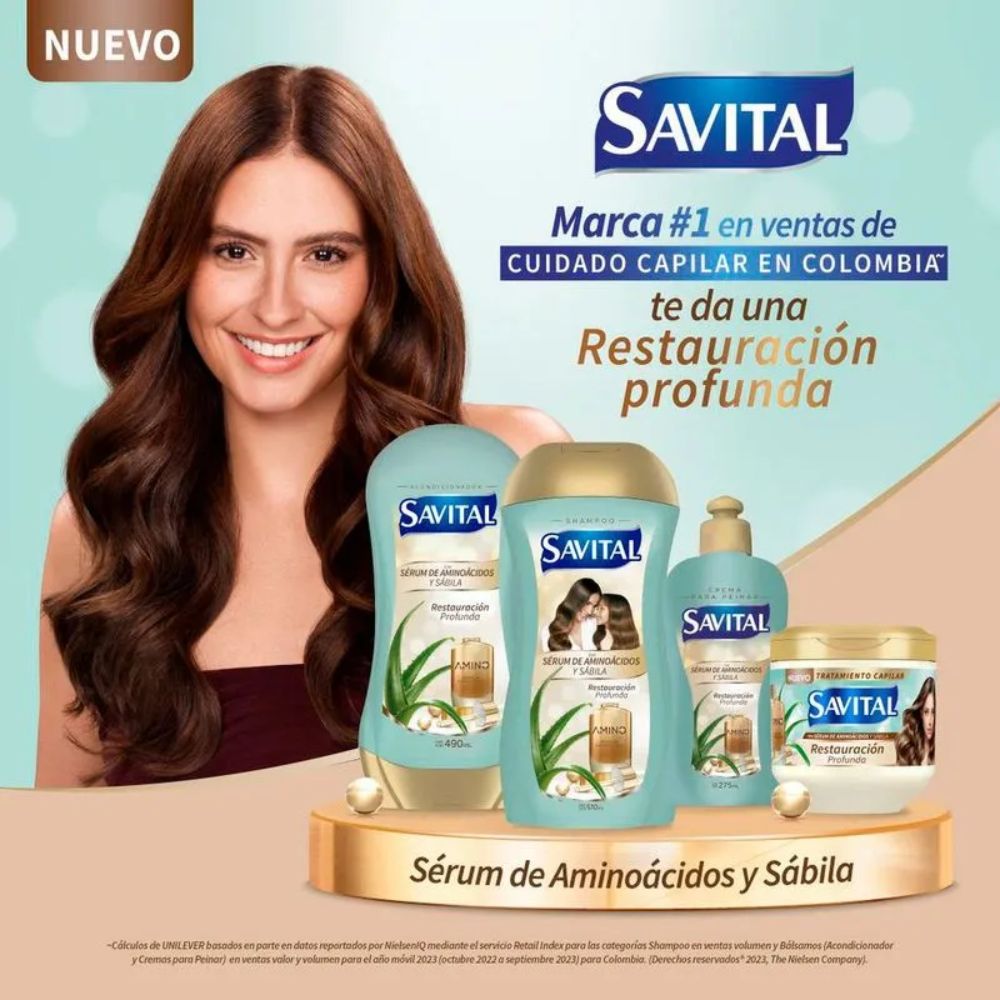 Savital Shampoo Aminoacidos 510mL, Acondicionador Aminoacidos 490mL, Tratamiento Aminoacidos 425mL, Crema para peinar Aminoacidos 275mL (4 Pack)