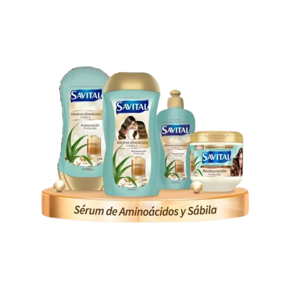 Savital Shampoo Aminoacidos 510mL, Acondicionador Aminoacidos 490mL, Tratamiento Aminoacidos 425mL, Crema para peinar Aminoacidos 275mL (4 Pack)