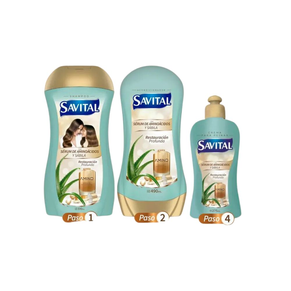 Savital Amino Acid Shampoo 510mL, Amino Acid Conditioner 490mL, Amino Acid Styling Cream 275mL (3 Pack)