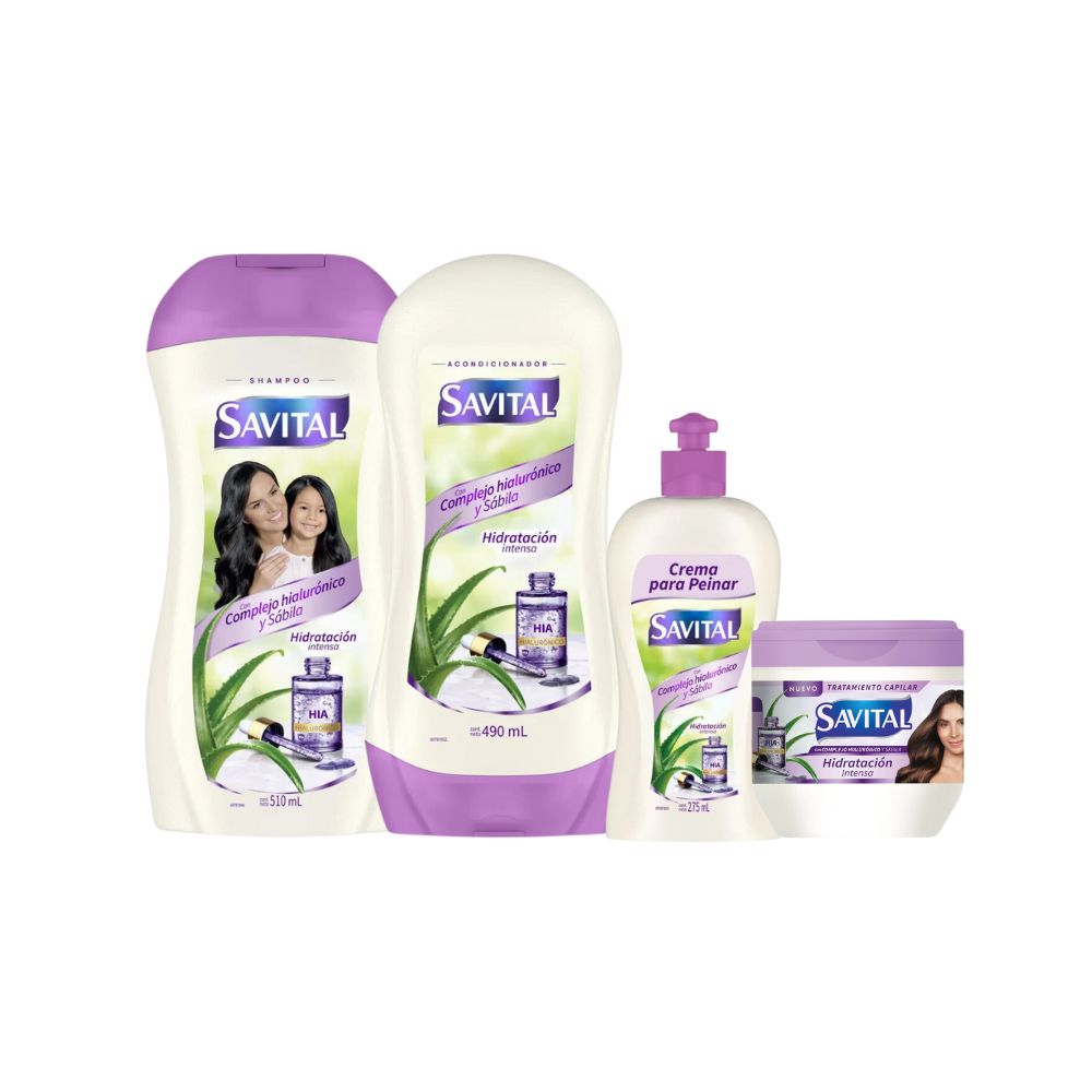 Savital Shampoo Complejo Hialuronico 510mL, Acondicionador Complejo Hialuronico 490mL, Tratamiento Complejo Hialuronico 425mL, Crema para peinar Complejo Hialuronico 275mL (4 Pack)