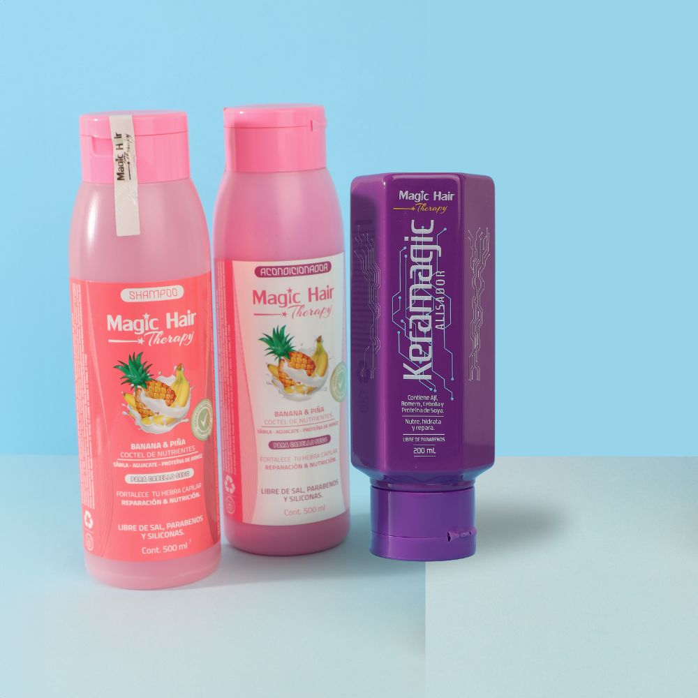 Magic Hair shampoo and conditioner banana and pineapple nutrition and repair for dry hair + keramagic straightener (3 pack)