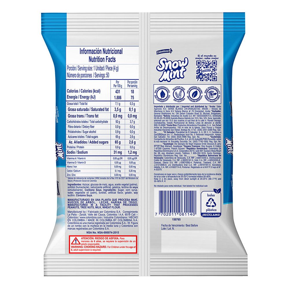 SNOW MINT Caramelo blando sabor menta Colombina x 50 Unid