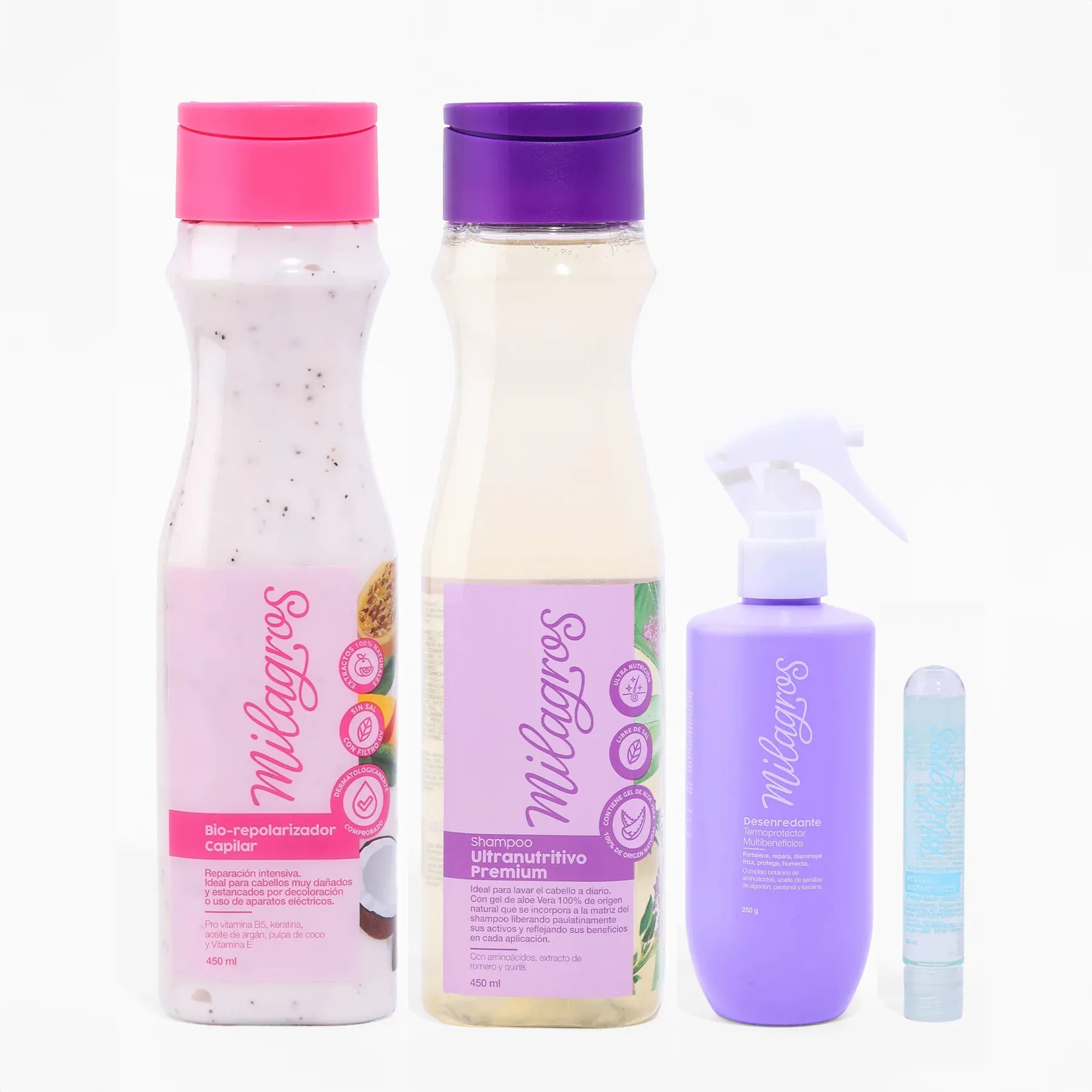 Milagros Biorepolarizador, Shampoo Ultranutritivo, Desenrredante multibeneficios, Ampolla Rescate Instantáneo (Azul)  (4 pack)