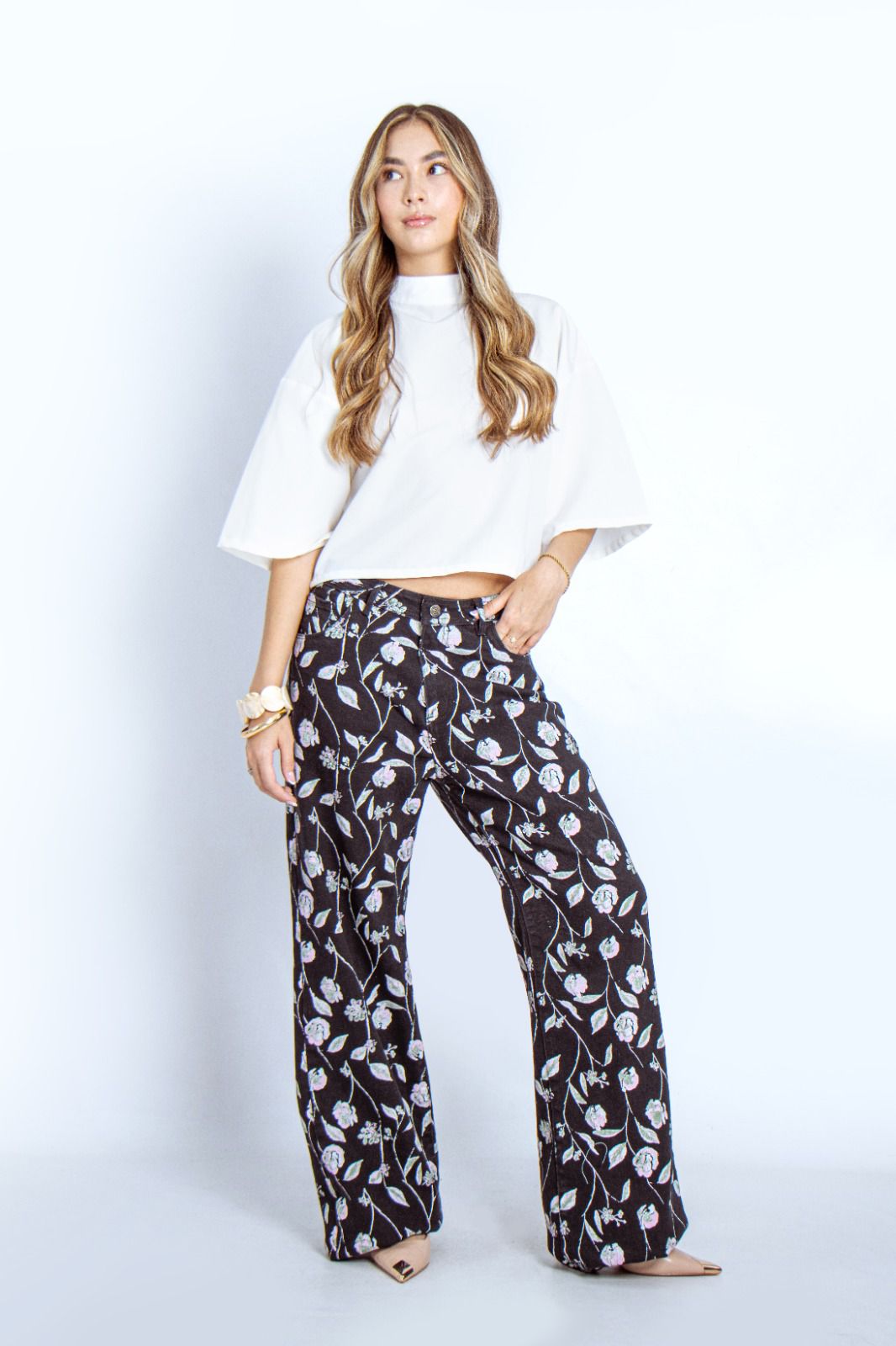 Joy Staz Colombian Jeans Wide Leg  Pantalon Holgado Diseño Botanico Casual 716017 Jeans Colombianos