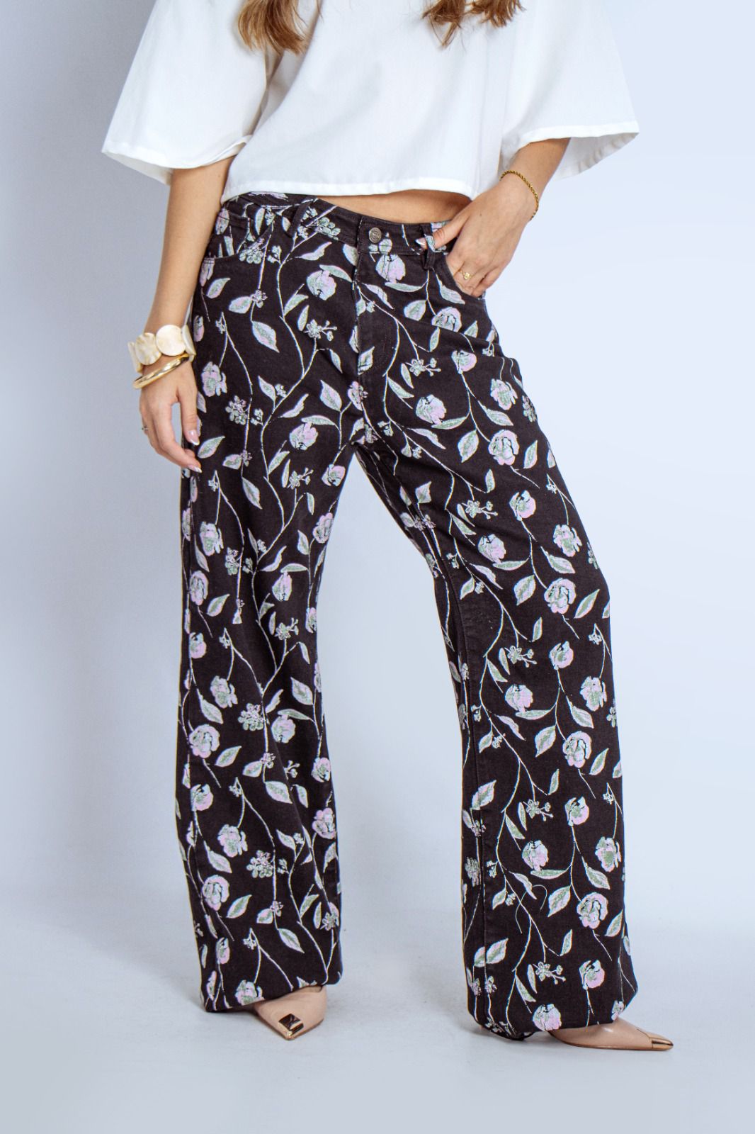 Joy Staz Colombian Jeans Wide Leg  Pantalon Holgado Diseño Botanico Casual 716017 Jeans Colombianos