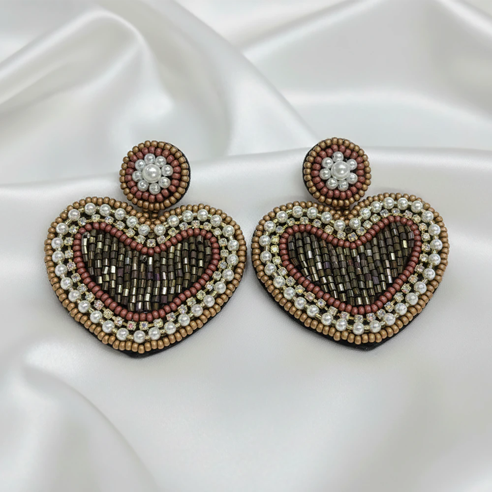 Aretes Premium Bronze Heart | Aretas Corazon Artesanales con Perlas Elegantes Z1-02