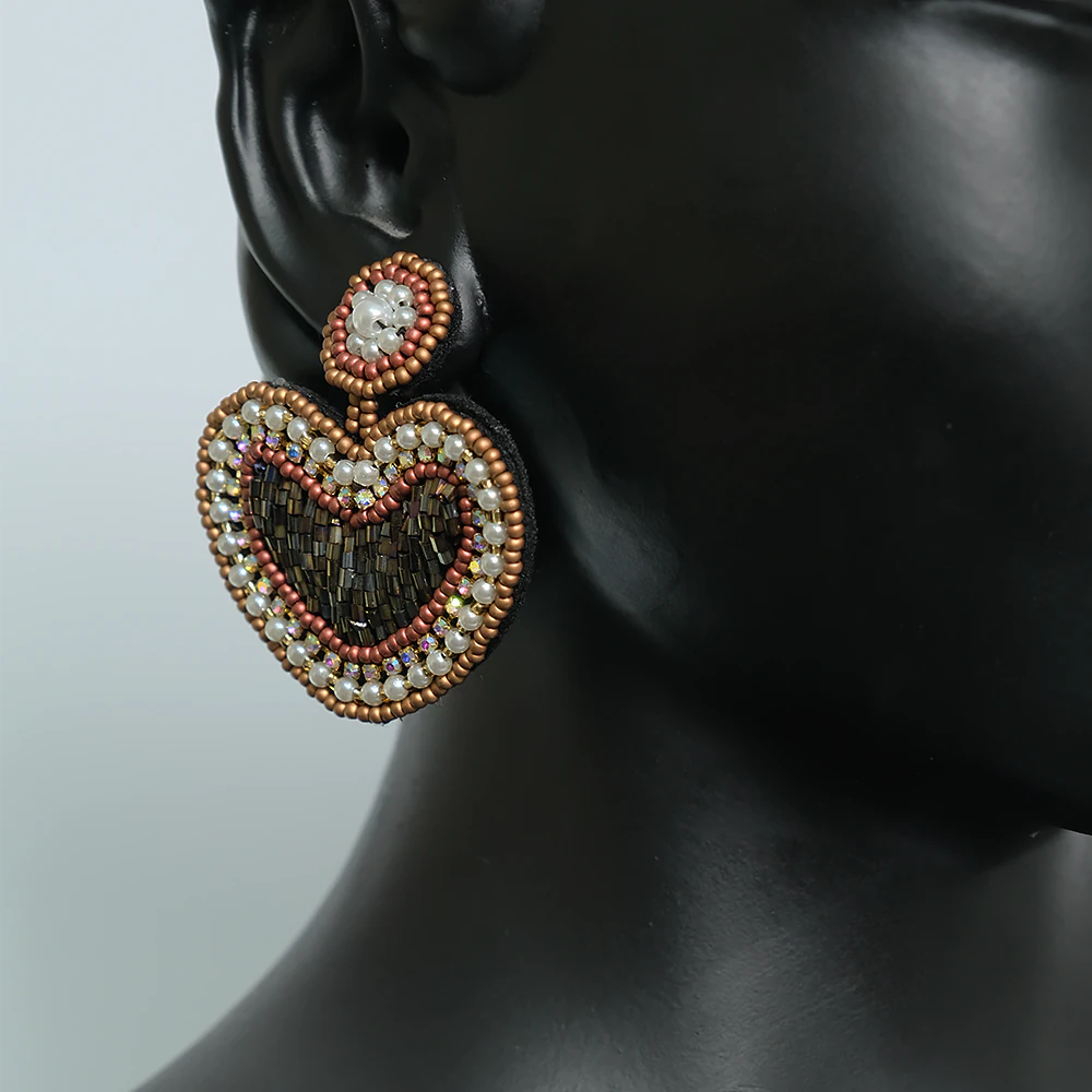 Aretes Premium Bronze Heart | Aretas Corazon Artesanales con Perlas Elegantes Z1-02