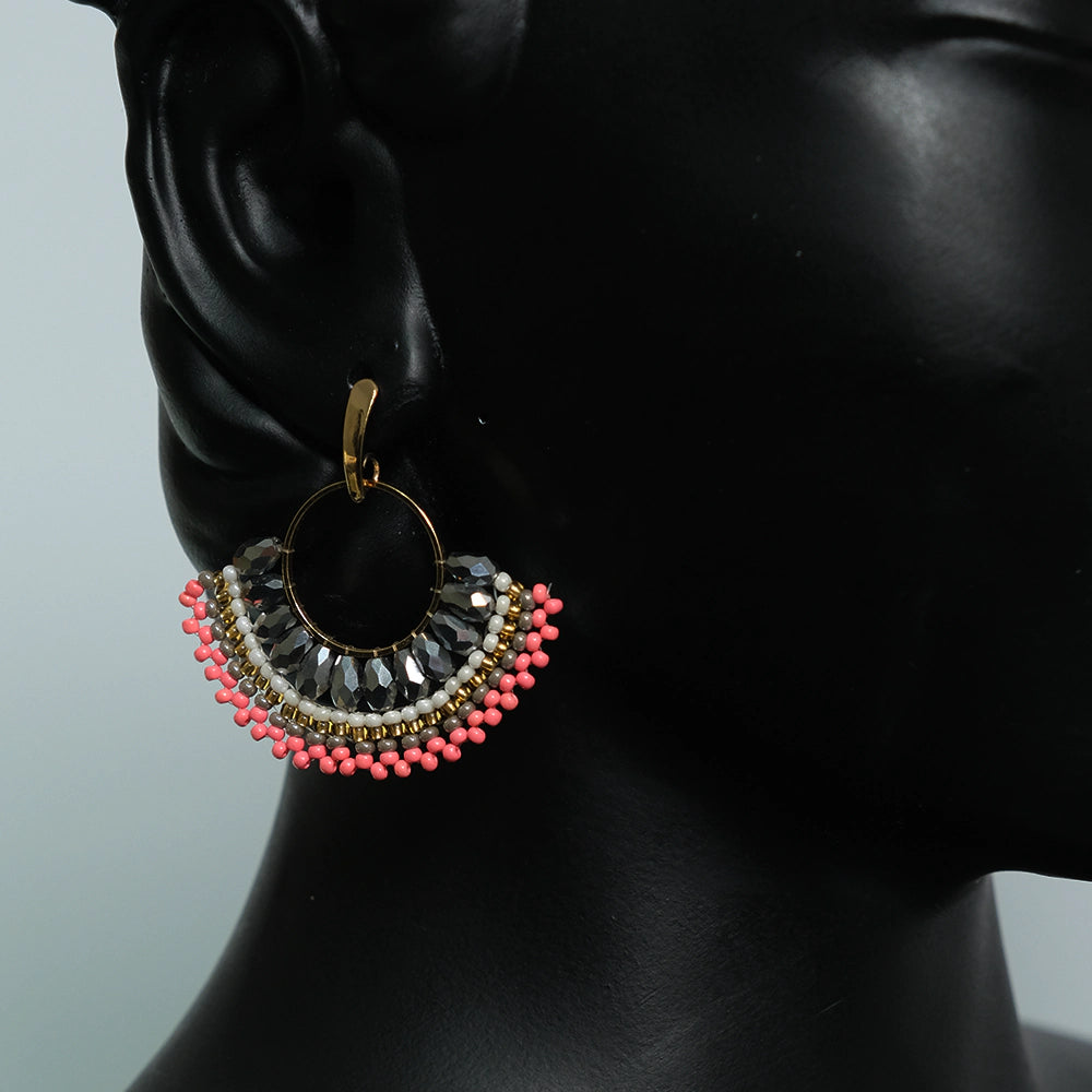 Aretes Blush Eclipse - Aretes Aro con Cristales Gris y Mostacillas Rosadas Hechos a Mano Z10-01