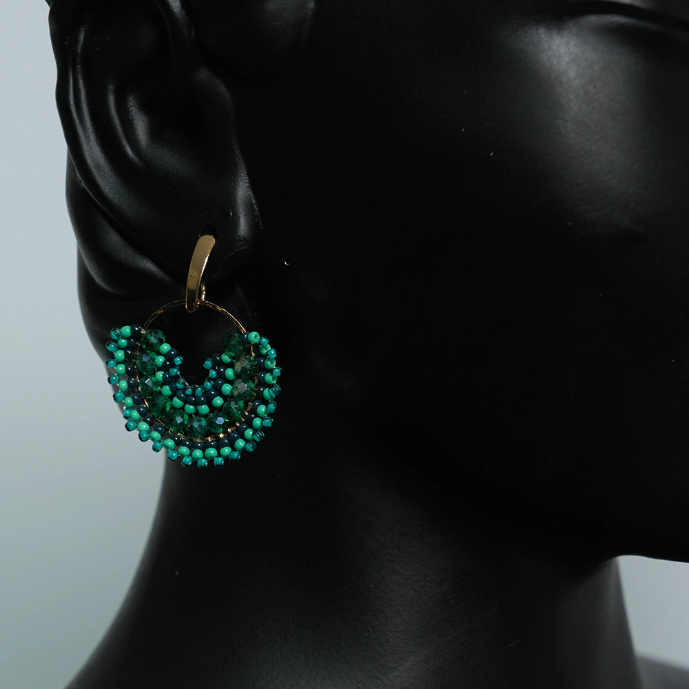 Aretes Emerald Crescent - Aretes Aro Media Luna Verde con Cristales y Mostacillas Z10-02