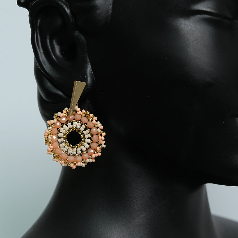 Aretes Rose Halo - Aretes Circulo Rosa con Cristales y Mostacillas Doradas Z10-06