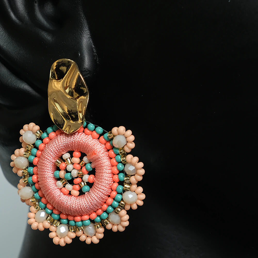Aretes artesanales Flor Coral rosa turquesa dorado Z2-06