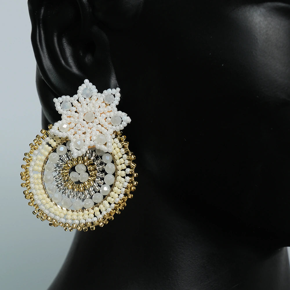 Aretes Royal Sunburst - Aretes Florales en Mostacilla y Cristal Hechos a Mano, Joyeria Artesanal Elegante Z5-02