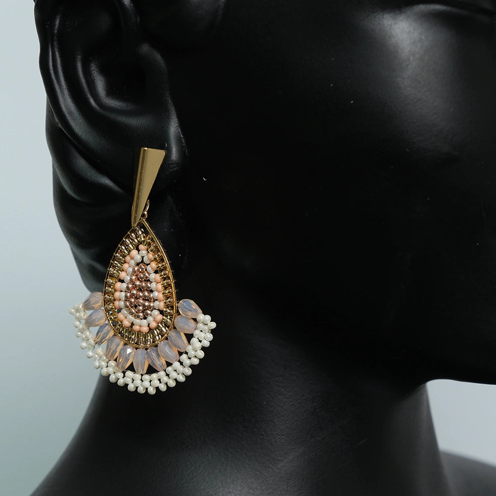 Aretes Champagne Radiance - Aretes Colgantes Gota con Cristales y Mostacillas Doradas Z8-09