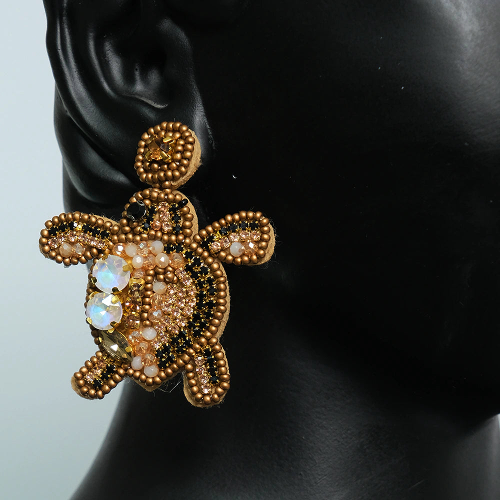 Aretes Golden Ocean Turtle - Aretes Tortuga de Mar con Cristales y Mostacillas Hechos a Mano Z9-02