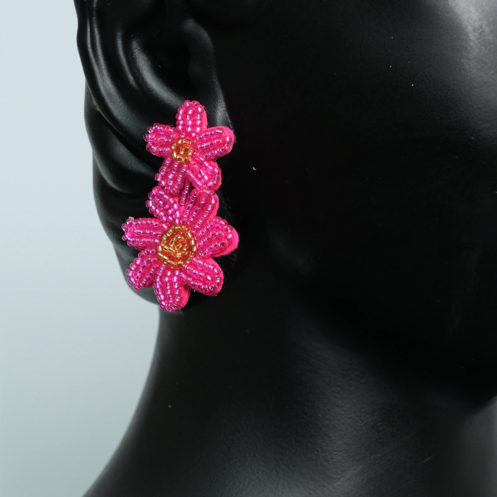 Aretes Pink Blossom - Aretes Flor Rosa en Mostacillas Hechos a Mano Z9-03