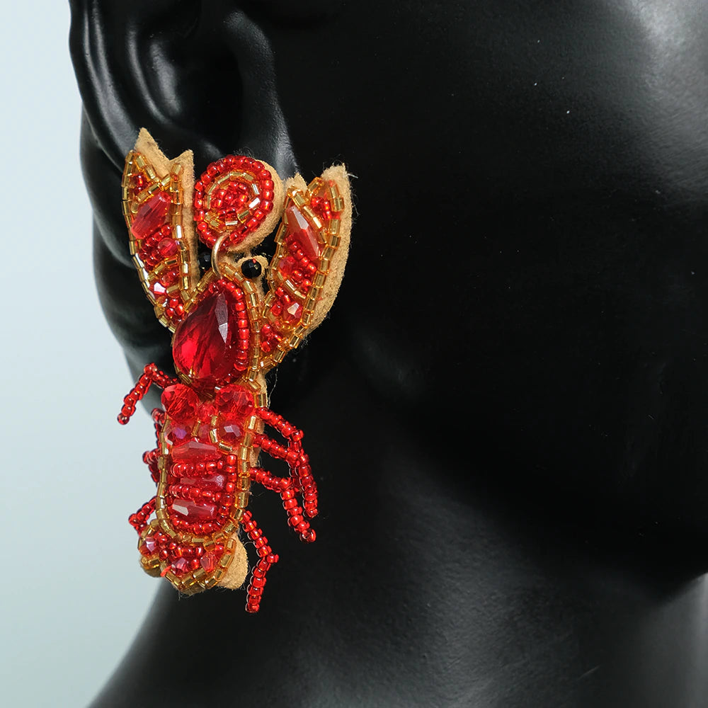 Aretes Crimson Royal Lobster - Aretes Langosta Roja con Cristales y Mostacillas Hechos a Mano Z9-05