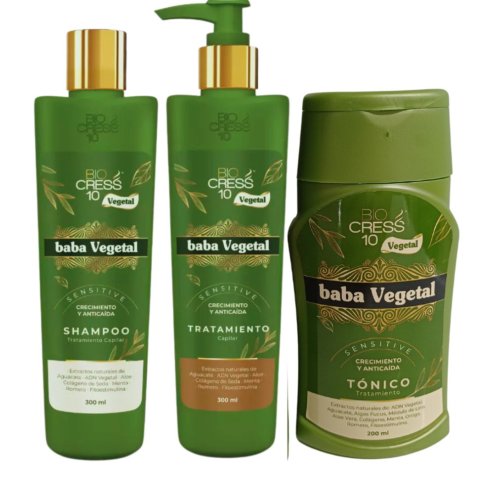 Biocress 10  Shampoo baba vegetal, Biocress 10 Tratamiento Baba vegetal, Biocress 10 Tonico crecimiento y anticaida Baba Vegetal (3 pack)