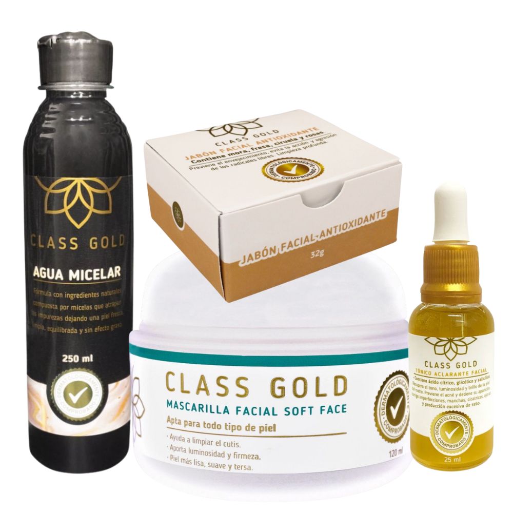 Class gold kit cosmetics (4 pack) class gold tonico aclarante facial x 25ml class gold mascarilla facial soft face x 120ml class gold jabon facial antioxidante x 32gr class gold agua micelar x 250