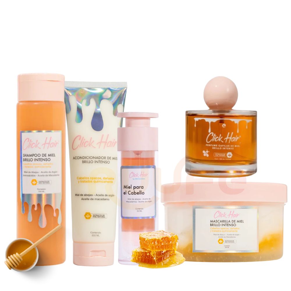 Click Hair Shampoo de miel x 300ml, Acondicionador brillo intenso x 300ml  Perfume de miel Click hair x 100ml, Mascarilla de miel Click hair x 300 ml y Miel Capilar click hair x 50ml (5 Pack)