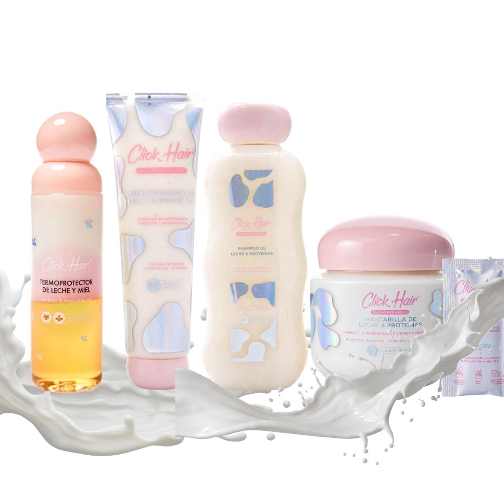Click Hair Kit Capilar Rescate Total Leche y Proteinas - Shampoo, Acondicionador, Termoprotector de leche, Mascarilla y Booster (5 pack)