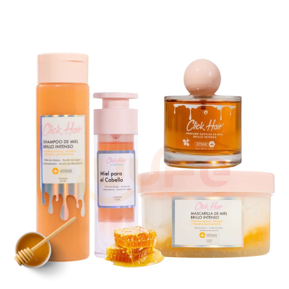 Click Hair Shampoo de miel x 300ml, Perfume de miel Click hair x 100ml, Mascarilla de miel Click hair x 300ml y Miel Capilar click hair x 50ml (4 Pack)
