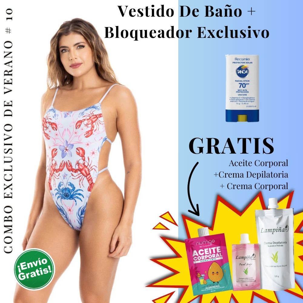 Combo Exclusivo de Verano - Vestido de baño IRGUS MONOKINI REF 4104, Aceite corporal 50ml, crema facial mujer 15g y crema depilatoria corporal 120g Lampina y Bloqueador SPF 70 Barra Facial 13g (5 pack)