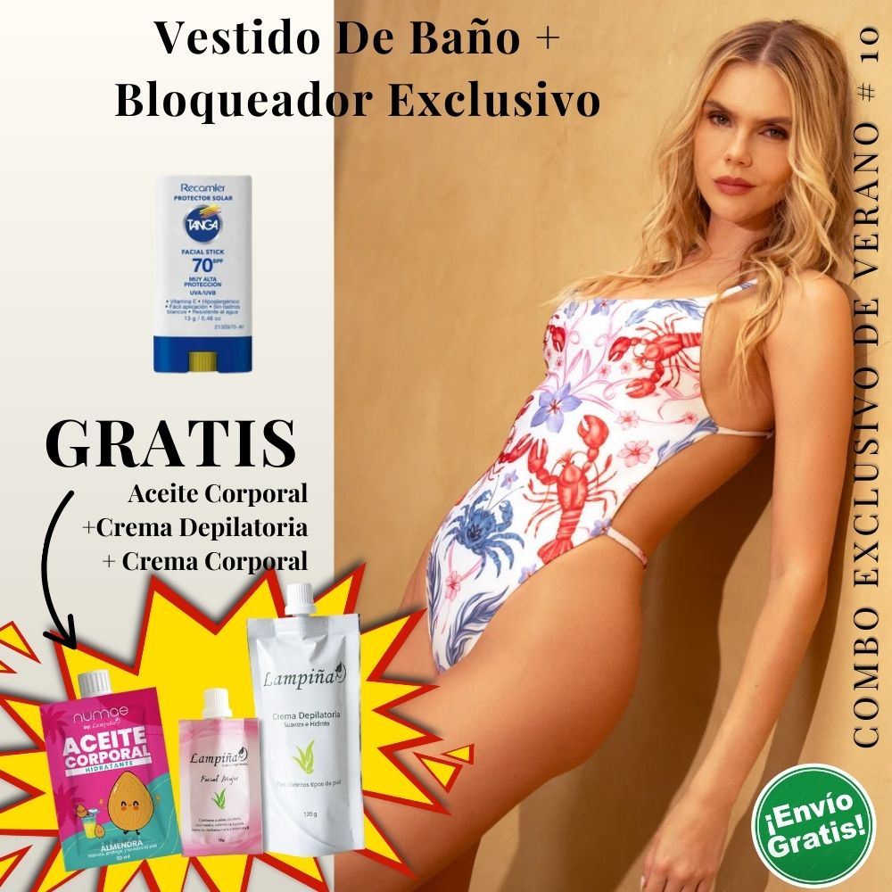 Combo Exclusivo de Verano - Vestido de baño IRGUS MONOKINI REF 4104, Aceite corporal 50ml, crema facial mujer 15g y crema depilatoria corporal 120g Lampina y Bloqueador SPF 70 Barra Facial 13g (5 pack)