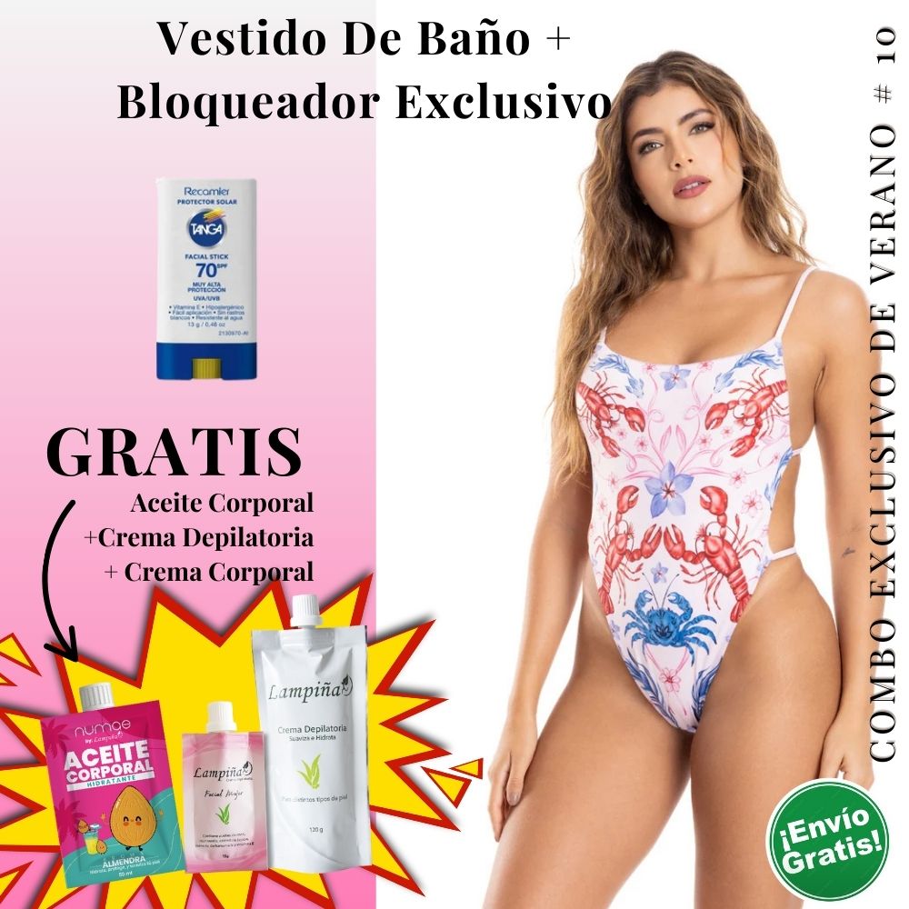Combo Exclusivo de Verano - Vestido de baño IRGUS MONOKINI REF 4104, Aceite corporal 50ml, crema facial mujer 15g y crema depilatoria corporal 120g Lampina y Bloqueador SPF 70 Barra Facial 13g (5 pack)