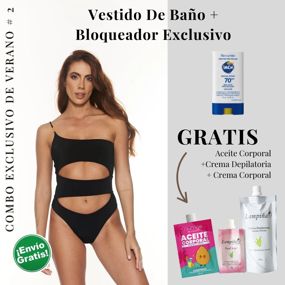 Combo Exclusivo de Verano - Vestido de baño Peach Marella, Aceite corporal 50ml, crema facial mujer 15g y crema depilatoria corporal 120g Lampina y Bloqueador SPF 70 Barra Facial 13g (5 pack)