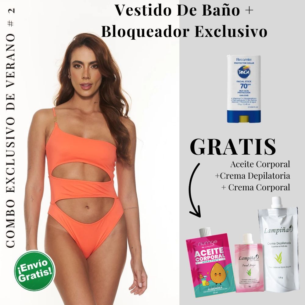 Combo Exclusivo de Verano - Vestido de baño Peach Marella, Aceite corporal 50ml, crema facial mujer 15g y crema depilatoria corporal 120g Lampina y Bloqueador SPF 70 Barra Facial 13g (5 pack)