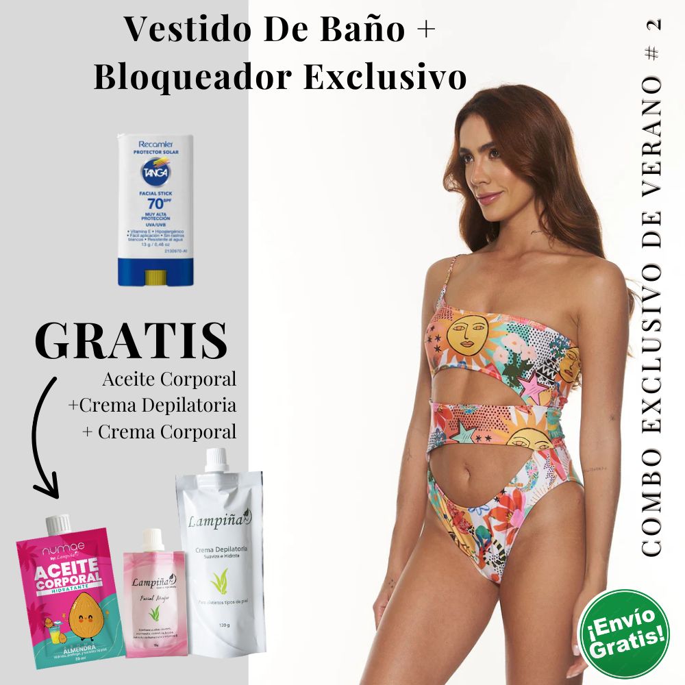 Combo Exclusivo de Verano - Vestido de baño Peach Marella, Aceite corporal 50ml, crema facial mujer 15g y crema depilatoria corporal 120g Lampina y Bloqueador SPF 70 Barra Facial 13g (5 pack)