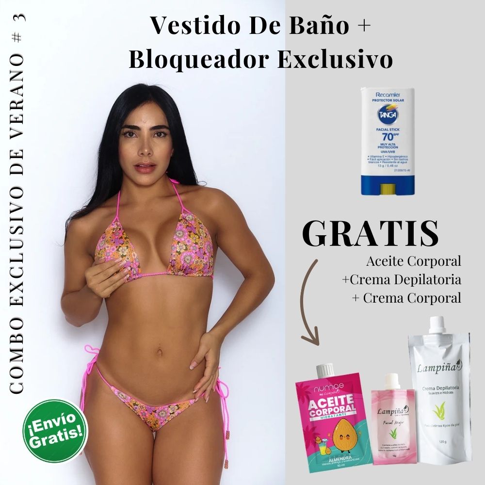 Combo Exclusivo de Verano - Vestido de baño Peach Rossy, Aceite corporal 50ml, crema facial mujer 15g y crema depilatoria corporal 120g Lampina y Bloqueador SPF 70 Barra Facial 13g (5 pack)