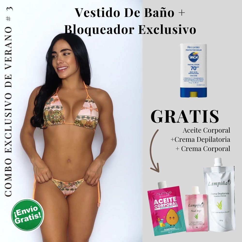 Combo Exclusivo de Verano - Vestido de baño Peach Rossy, Aceite corporal 50ml, crema facial mujer 15g y crema depilatoria corporal 120g Lampina y Bloqueador SPF 70 Barra Facial 13g (5 pack)