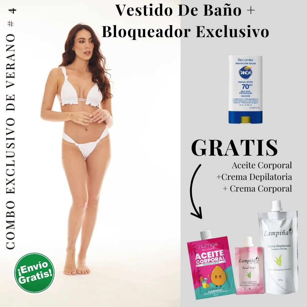 Combo Exclusivo de Verano - Vestido de baño Peach Holly Serafina, Aceite corporal 50ml, crema facial mujer 15g y crema depilatoria corporal 120g Lampina y Bloqueador SPF 70 Barra Facial 13g (5 pack)