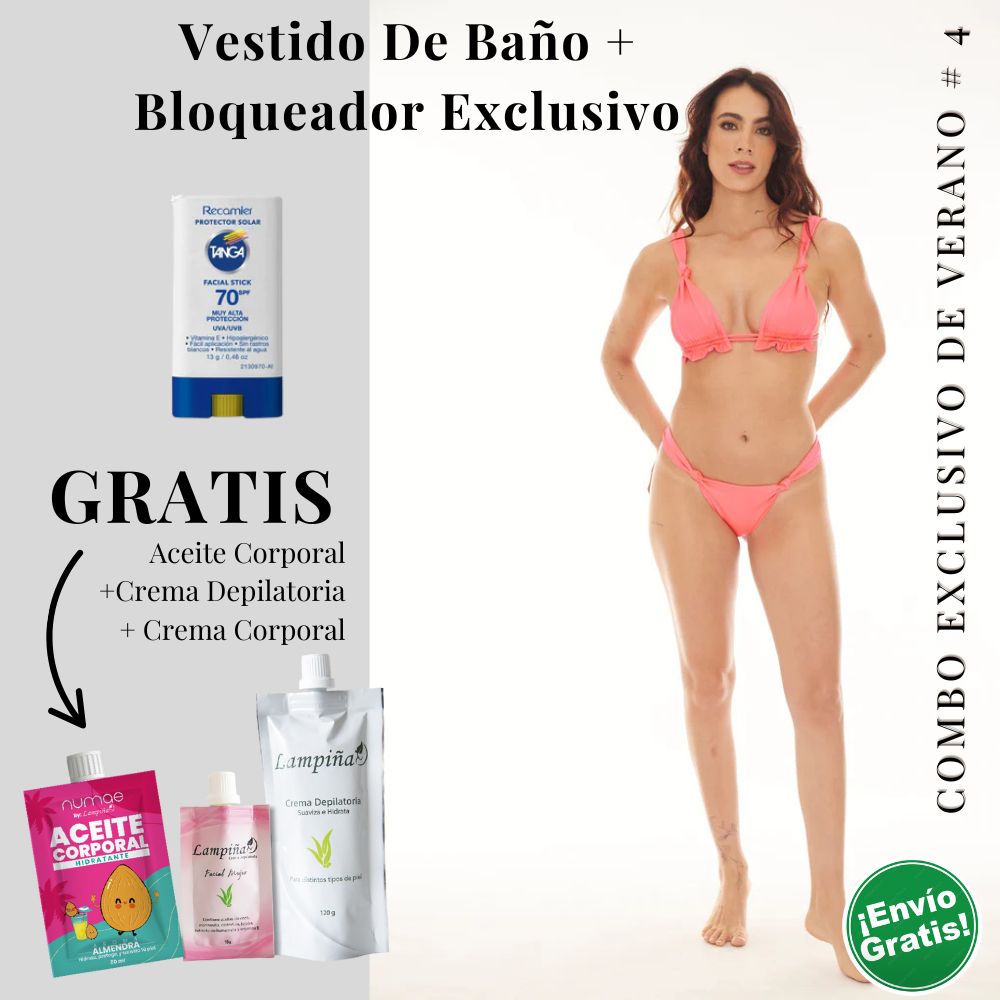 Combo Exclusivo de Verano - Vestido de baño Peach Holly Serafina, Aceite corporal 50ml, crema facial mujer 15g y crema depilatoria corporal 120g Lampina y Bloqueador SPF 70 Barra Facial 13g (5 pack)