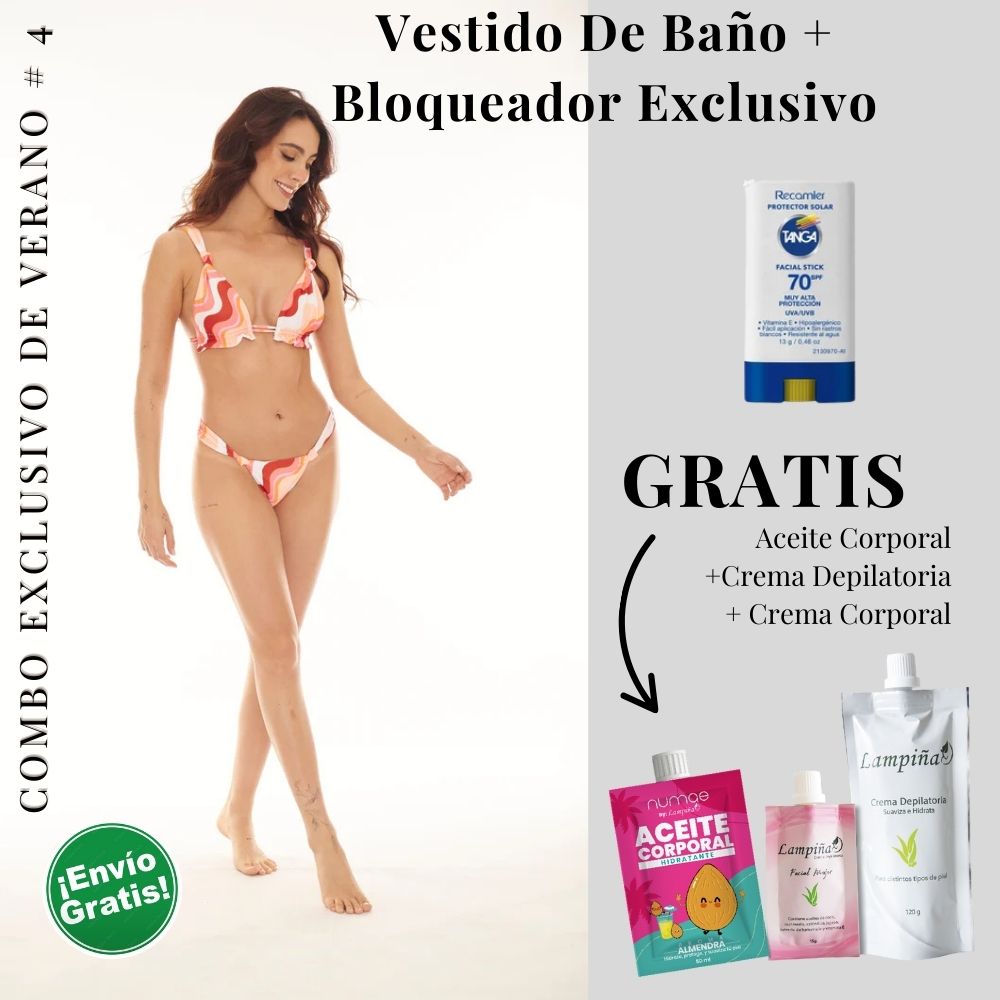 Combo Exclusivo de Verano - Vestido de baño Peach Holly Serafina, Aceite corporal 50ml, crema facial mujer 15g y crema depilatoria corporal 120g Lampina y Bloqueador SPF 70 Barra Facial 13g (5 pack)