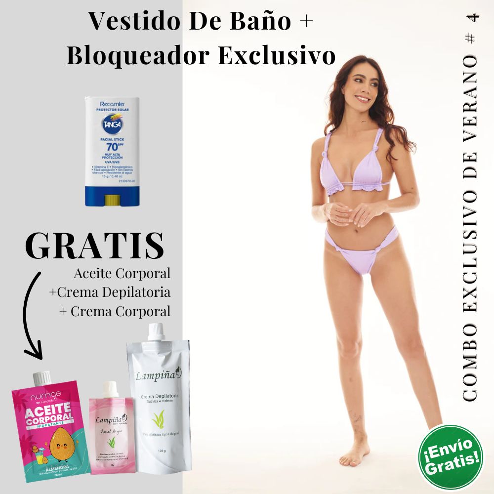 Combo Exclusivo de Verano - Vestido de baño Peach Holly Serafina, Aceite corporal 50ml, crema facial mujer 15g y crema depilatoria corporal 120g Lampina y Bloqueador SPF 70 Barra Facial 13g (5 pack)