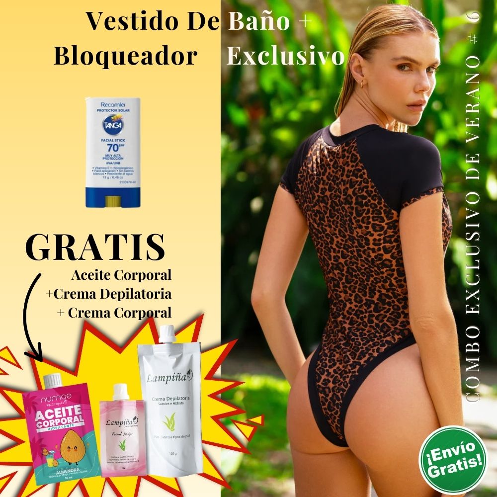 Combo Exclusivo de Verano - Vestido de baño IRGUS ONE PIECE REF 4129, Aceite corporal 50ml, crema facial mujer 15g y crema depilatoria corporal 120g Lampina y Bloqueador SPF 70 Barra Facial 13g (5 pack)