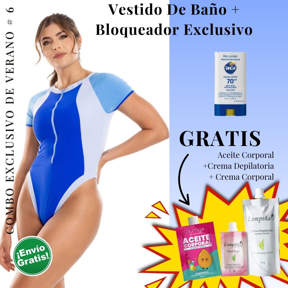 Combo Exclusivo de Verano - Vestido de baño IRGUS ONE PIECE REF 4129, Aceite corporal 50ml, crema facial mujer 15g y crema depilatoria corporal 120g Lampina y Bloqueador SPF 70 Barra Facial 13g (5 pack)