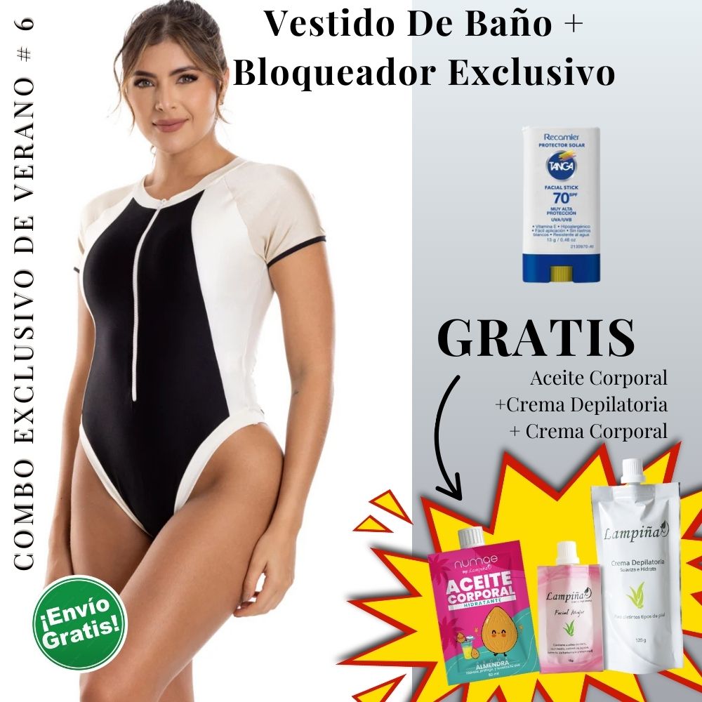 Combo Exclusivo de Verano - Vestido de baño IRGUS ONE PIECE REF 4129, Aceite corporal 50ml, crema facial mujer 15g y crema depilatoria corporal 120g Lampina y Bloqueador SPF 70 Barra Facial 13g (5 pack)