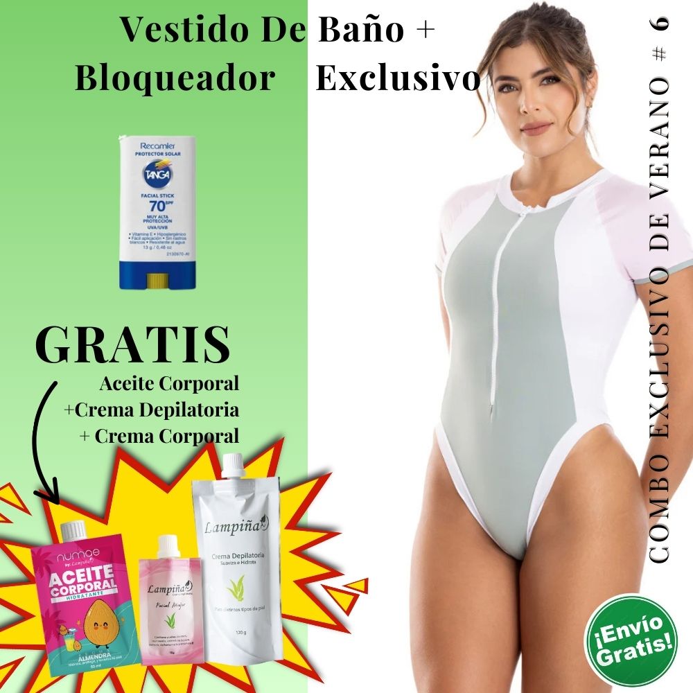 Combo Exclusivo de Verano - Vestido de baño IRGUS ONE PIECE REF 4129, Aceite corporal 50ml, crema facial mujer 15g y crema depilatoria corporal 120g Lampina y Bloqueador SPF 70 Barra Facial 13g (5 pack)
