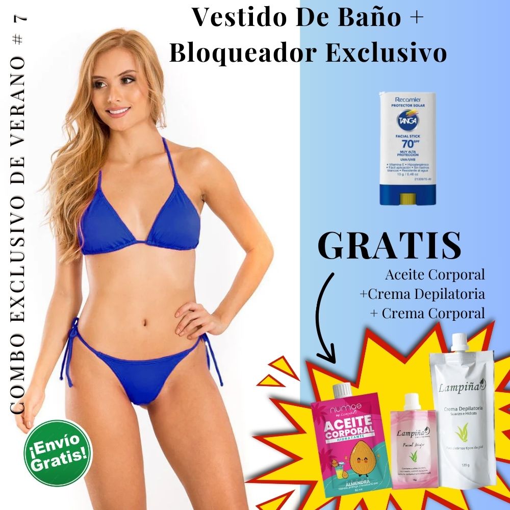 Combo Exclusivo de Verano - Vestido de baño IRGUS BIKINI REF 1043, Aceite corporal 50ml, crema facial mujer 15g y crema depilatoria corporal 120g Lampina y Bloqueador SPF 70 Barra Facial 13g (5 pack)