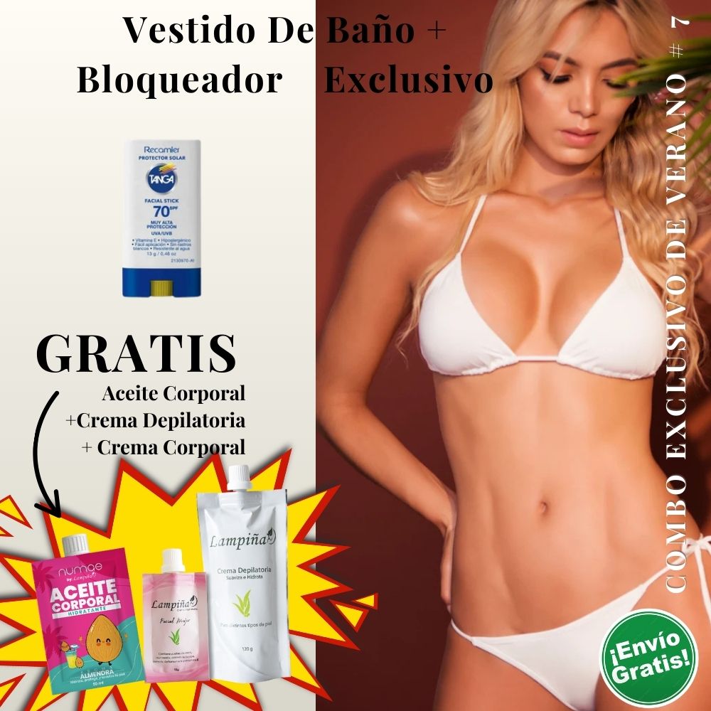 Combo Exclusivo de Verano - Vestido de baño IRGUS BIKINI REF 1043, Aceite corporal 50ml, crema facial mujer 15g y crema depilatoria corporal 120g Lampina y Bloqueador SPF 70 Barra Facial 13g (5 pack)