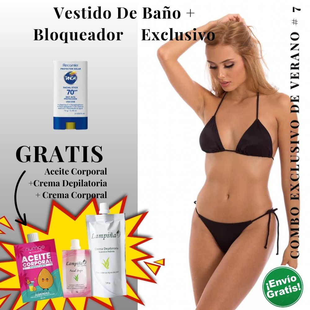 Combo Exclusivo de Verano - Vestido de baño IRGUS BIKINI REF 1043, Aceite corporal 50ml, crema facial mujer 15g y crema depilatoria corporal 120g Lampina y Bloqueador SPF 70 Barra Facial 13g (5 pack)