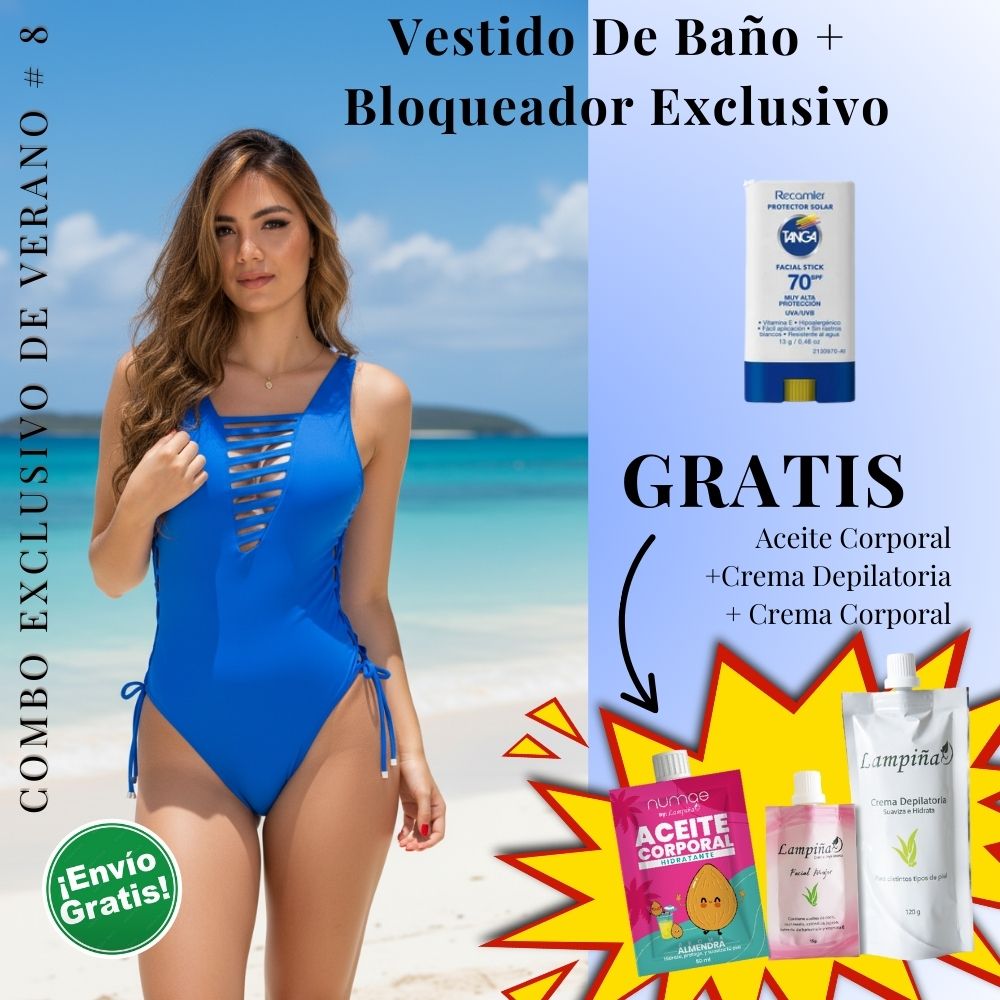 Combo Exclusivo de Verano - Vestido de baño IRGUS ONE PIECE REF 3114, Aceite corporal 50ml, crema facial mujer 15g y crema depilatoria corporal 120g Lampina y Bloqueador SPF 70 Barra Facial 13g (5 pack)