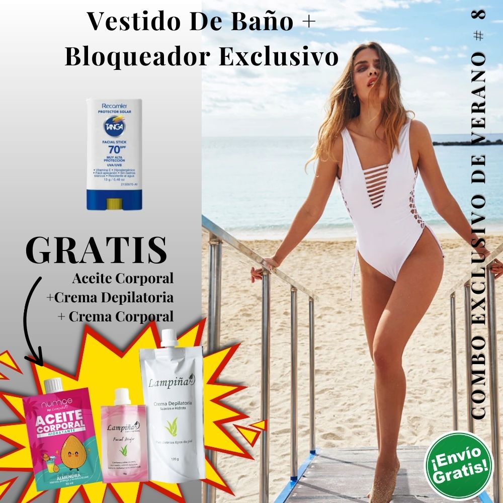 Combo Exclusivo de Verano - Vestido de baño IRGUS ONE PIECE REF 3114, Aceite corporal 50ml, crema facial mujer 15g y crema depilatoria corporal 120g Lampina y Bloqueador SPF 70 Barra Facial 13g (5 pack)