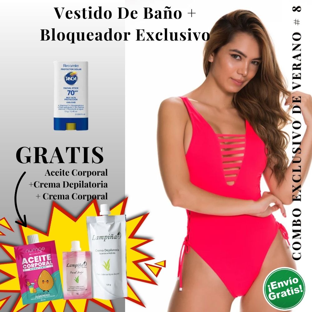 Combo Exclusivo de Verano - Vestido de baño IRGUS ONE PIECE REF 3114, Aceite corporal 50ml, crema facial mujer 15g y crema depilatoria corporal 120g Lampina y Bloqueador SPF 70 Barra Facial 13g (5 pack)