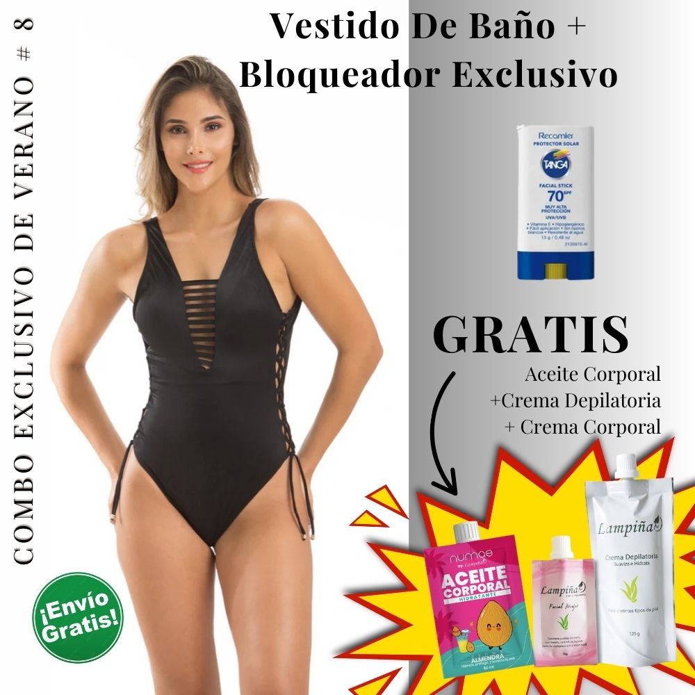 Combo Exclusivo de Verano - Vestido de baño IRGUS ONE PIECE REF 3114, Aceite corporal 50ml, crema facial mujer 15g y crema depilatoria corporal 120g Lampina y Bloqueador SPF 70 Barra Facial 13g (5 pack)